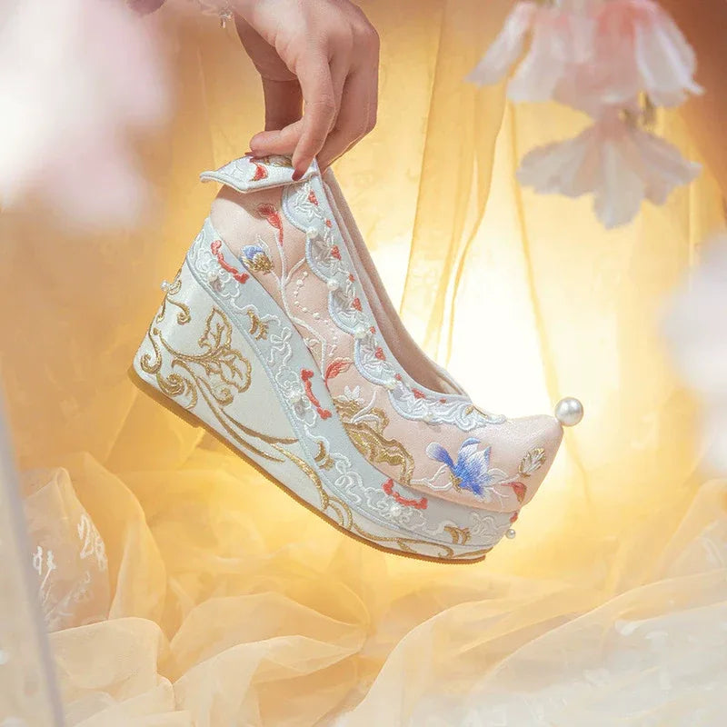 Hanfu embroidered heels for women song style qipao shoes with pearl detail and 10cm height lift back view