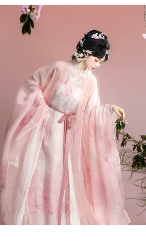Hanfu pink layered chiffon skirt set wide sleeve robe with floral embroidery and pink gradient for women fabric detail
