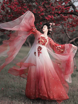 Hanfu wide sleeve robe set red white gradient with 3d floral embroidery in 2 colors for women fabric and floral detail