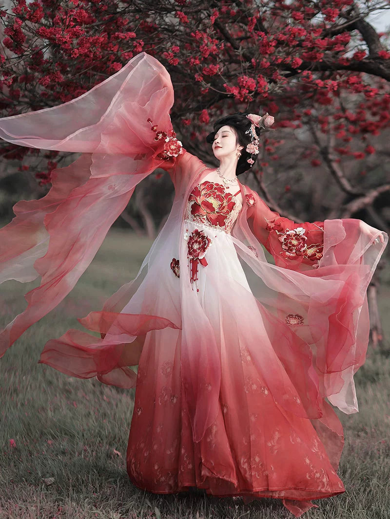 Hanfu wide sleeve robe set red white gradient with 3d floral embroidery in 2 colors for women fabric and floral detail
