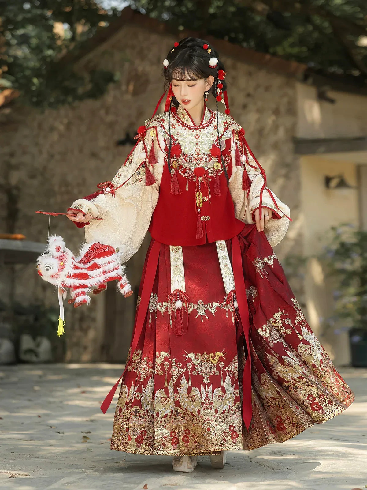 Heavenly steed blessing auspicious winter dress new year hanfu inspired set for festive celebrations women back view
