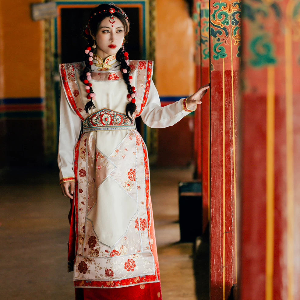 Hibiscus xizang red noble princess tibetan vest traditional ethnic wear for women front view with vibrant red color

