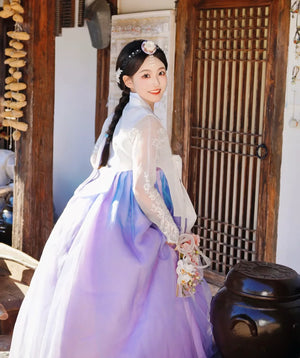 High end genuine white purple korean yanji court hanbok traditional female dress side view for formal events