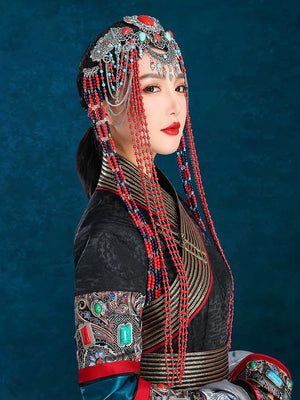 High end red mongolian fringed headgear traditional ethnic performance hair accessories for women dancers standing front

