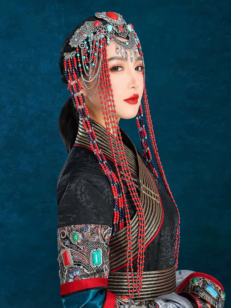 High end red mongolian fringed headgear traditional ethnic performance hair accessories for women dancers standing front

