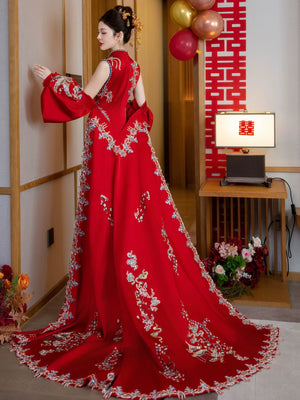 High end slim dragon phoenix toasting dress luxury bridal cheongsam trailing xiuhe clothes thin engagement return door outfit fabric detail
