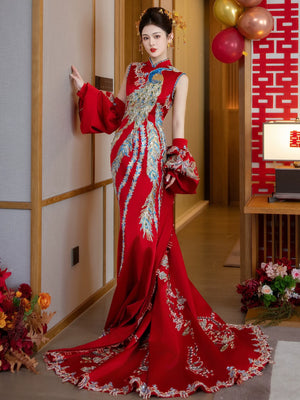 High end toasting clothes thin engagement clothes luxury bridal cheongsam trailing xiuhe clothes slim dragon and phoenix jackets return door dress front view