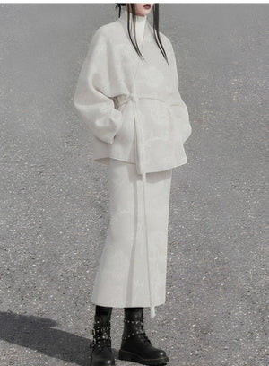 Hydrangea ivory soft elegant winter set wool cross collar jacket and straight skirt new chinese style fabric detail