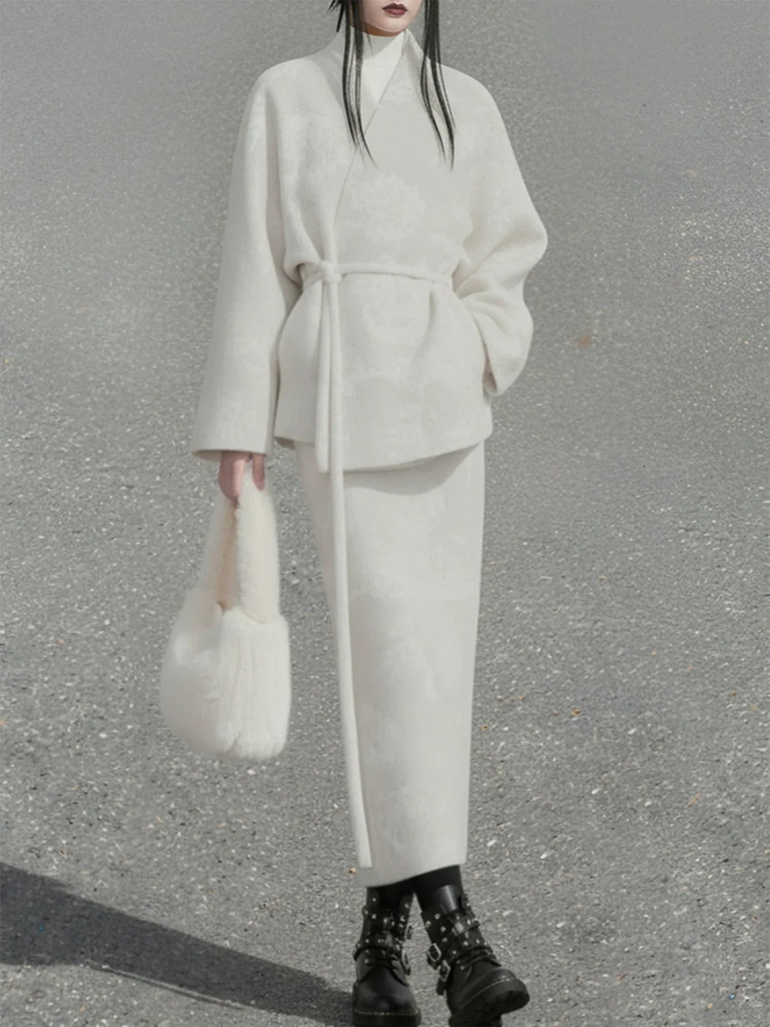 Hydrangea ivory wool jacket and skirt set cross collar soft elegant new chinese style outfit for women back view
