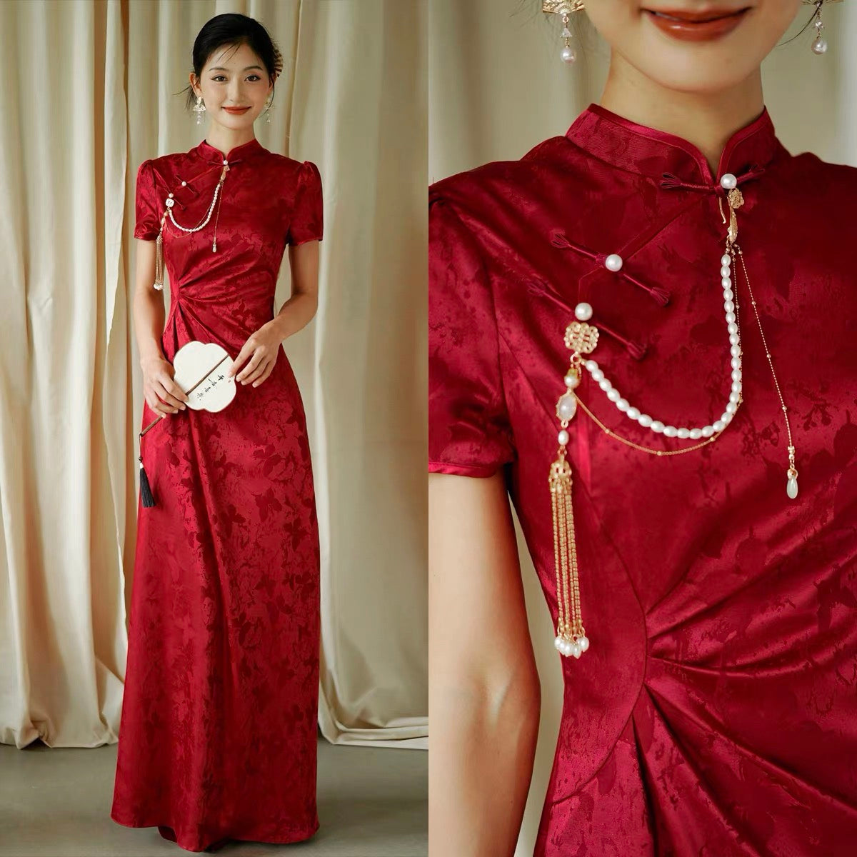 Red jacquard cheongsam dress with pearl accessories, model holding fan