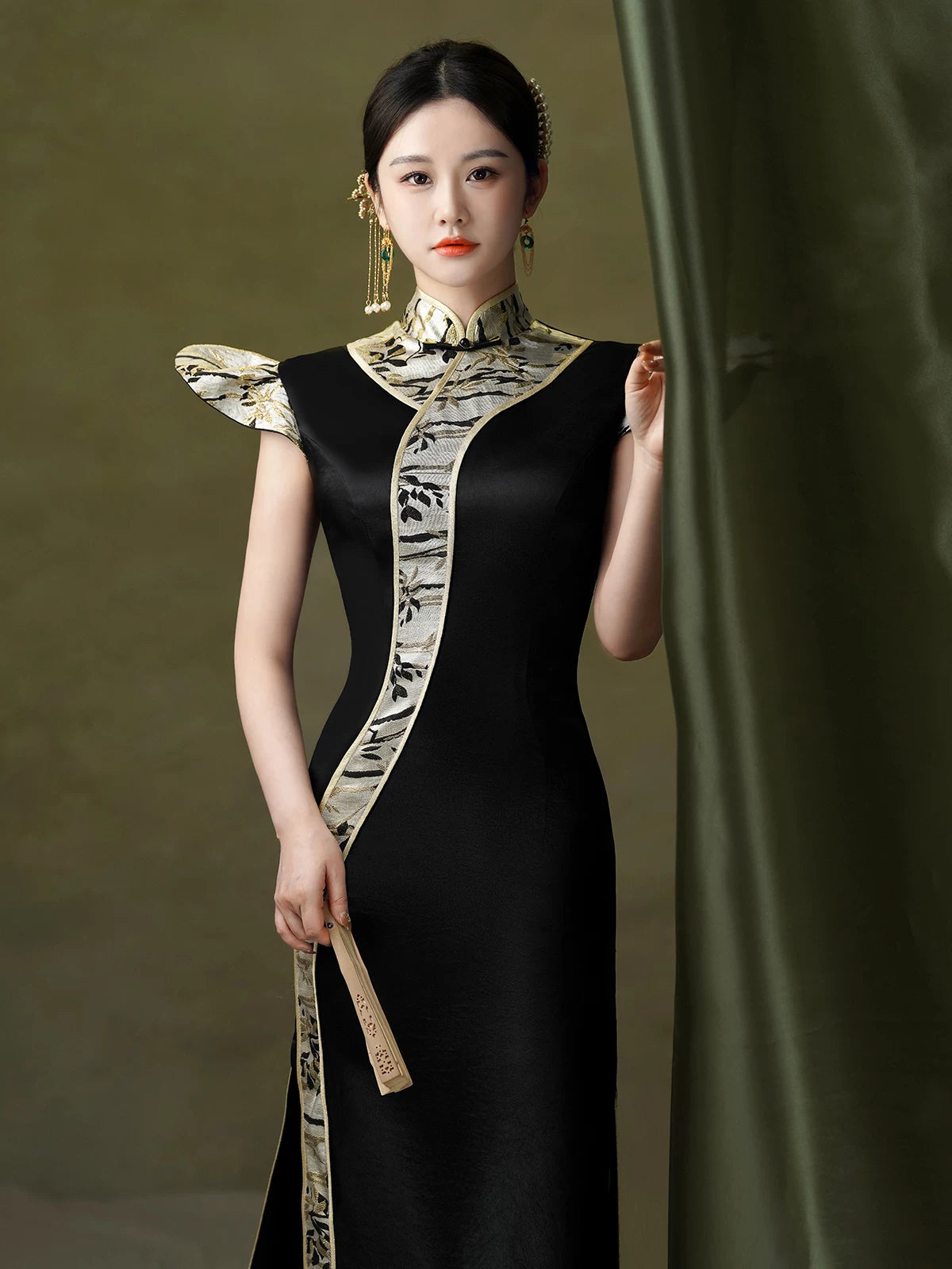  Improved new chinese catwalk cheongsam long dress women high end atmospheric national style trailing runway performance for stage front view
