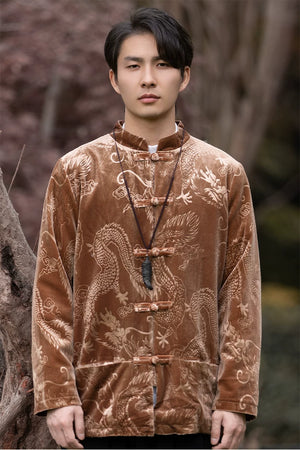 Improved new chinese velvet men top tang suit mao jacket for daily wear full length view