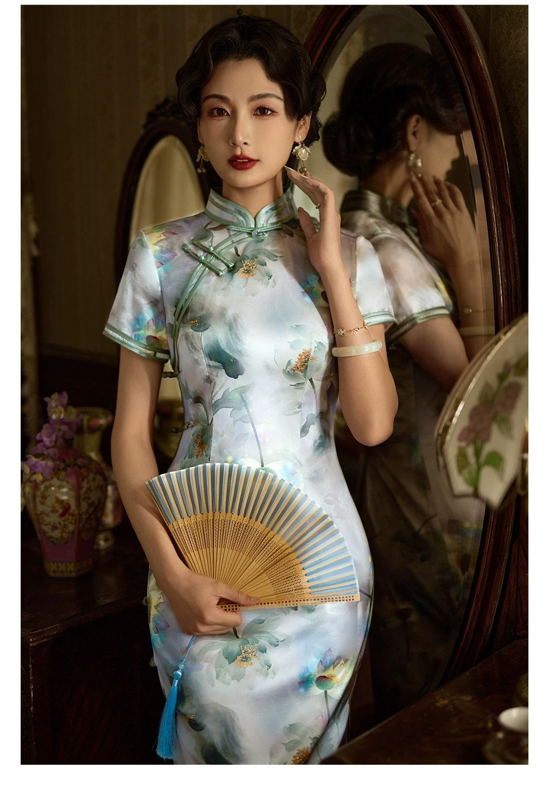 Ink floral print sage blue silk cheongsam long qipao dress with mandarin collar for women fabric and print detail