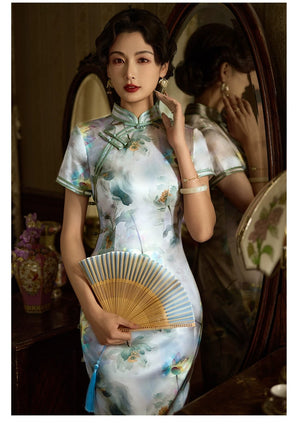 Ink floral print sage blue silk cheongsam long qipao dress with mandarin collar for women fabric and print detail