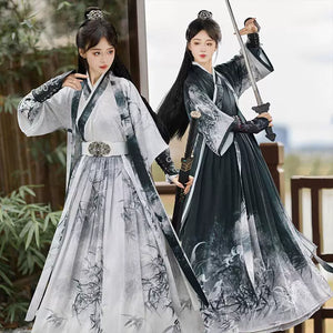 Ink wash hanfu set dark green and white swordwoman robe traditional chinese martial arts costume for women front view