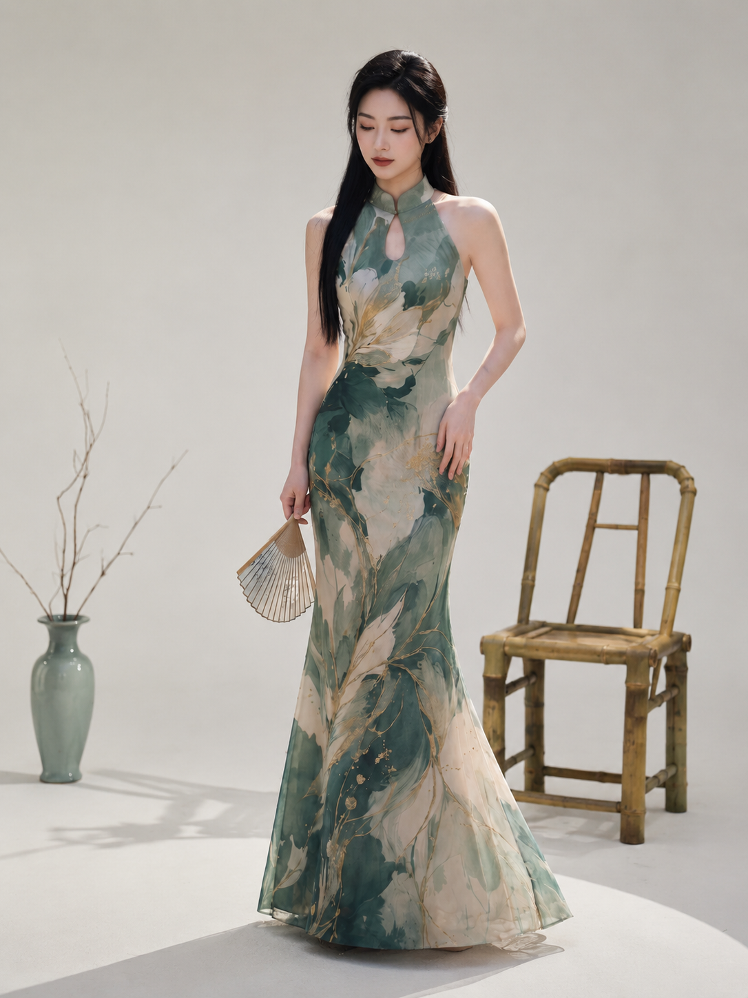  Ink wash landscape cheongsam sleeveless mermaid maxi dress with mandarin collar modern chinese art style qipao for women back view