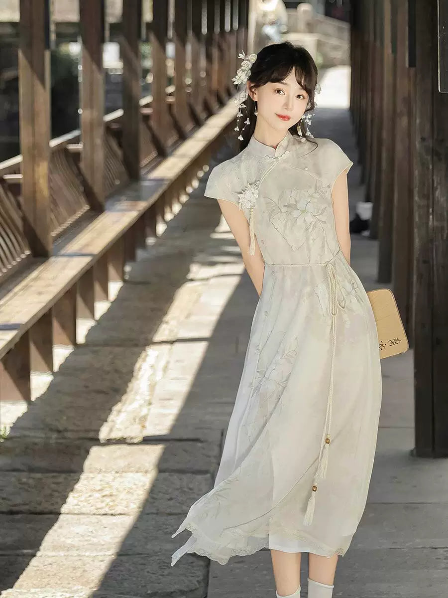 Ivory mandarin collar lolita modern hanfu short sleeve cheongsam with layered lace tulle skirt sweet chinese garden style for women back view