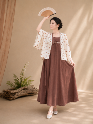 Ivory polka dot modern hanfu wide sleeve cardigan robe and brown slip midi dress vintage casual chinese style for women back view