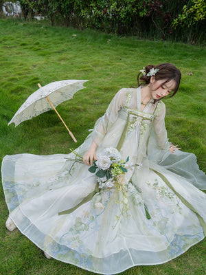 Ivory square neck modern hanfu dress puff sleeve layered lace tulle maxi dress dreamy garden bridal style for bride back view