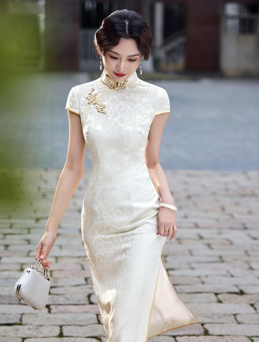 Ivory white cheongsam short sleeve slim maxi dress with side slit and mandarin collar modern elegant qipao for women back view