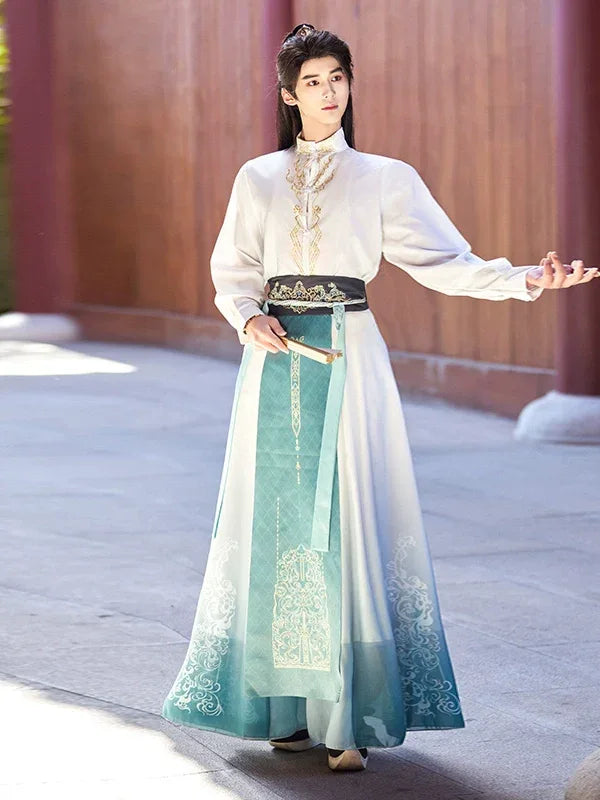 Junlin xianxia inspired hanfu set unisex flowing wide sleeve outfit for spring and summer for all fabric detail
