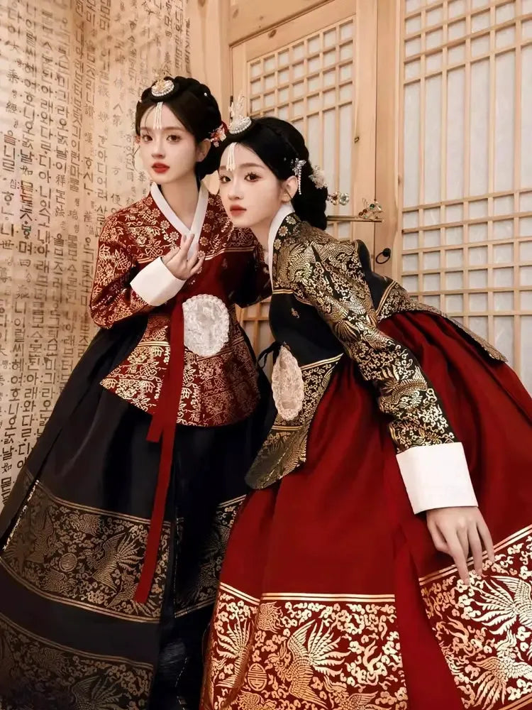 Yanji Hanbok Dress - Korean Traditional Wedding | Women's Clothing red top + Black skirt (free skirt support) / L Yanji Hanbok Dress - Korean Traditional Wedding | Women's Clothing red top + Black skirt (free skirt support) / L