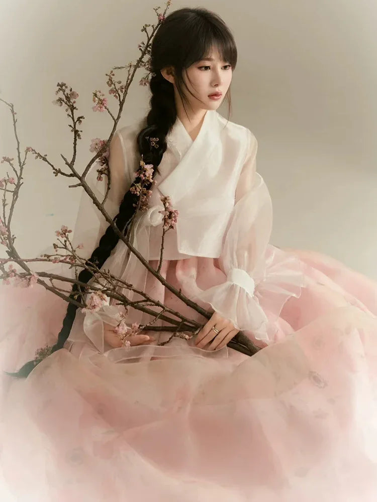 Dreamy Pink Hanbok Modern Korean Court Style Dress for Solo Dance & Pink / 2XL Dreamy Pink Hanbok Modern Korean Court Style Dress for Solo Dance & Pink / 2XL