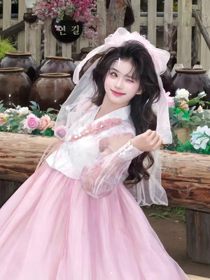 Korean court style pink hanbok traditional event dress