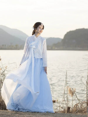 Korean daily wear blue hanbok modern spring summer outfit for work