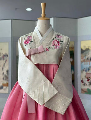 Korean made pink and white hanbok embroidered jeogori skirt set
