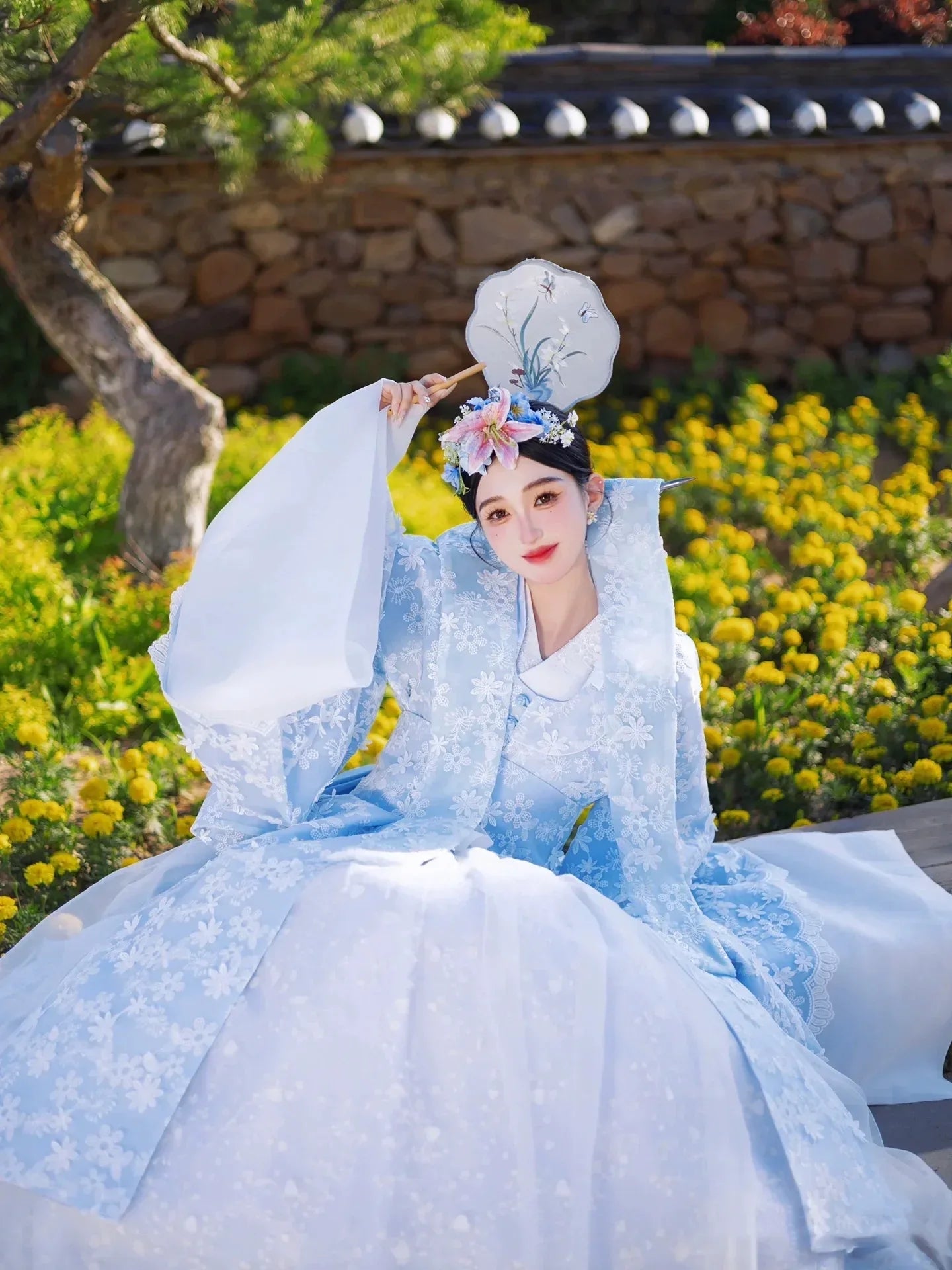  Korean palace white blue hanbok luxury bridal photography dress outfit