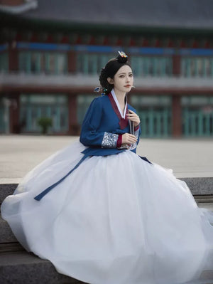 Korean princess blue white hanbok luxury traditional palace dress gown