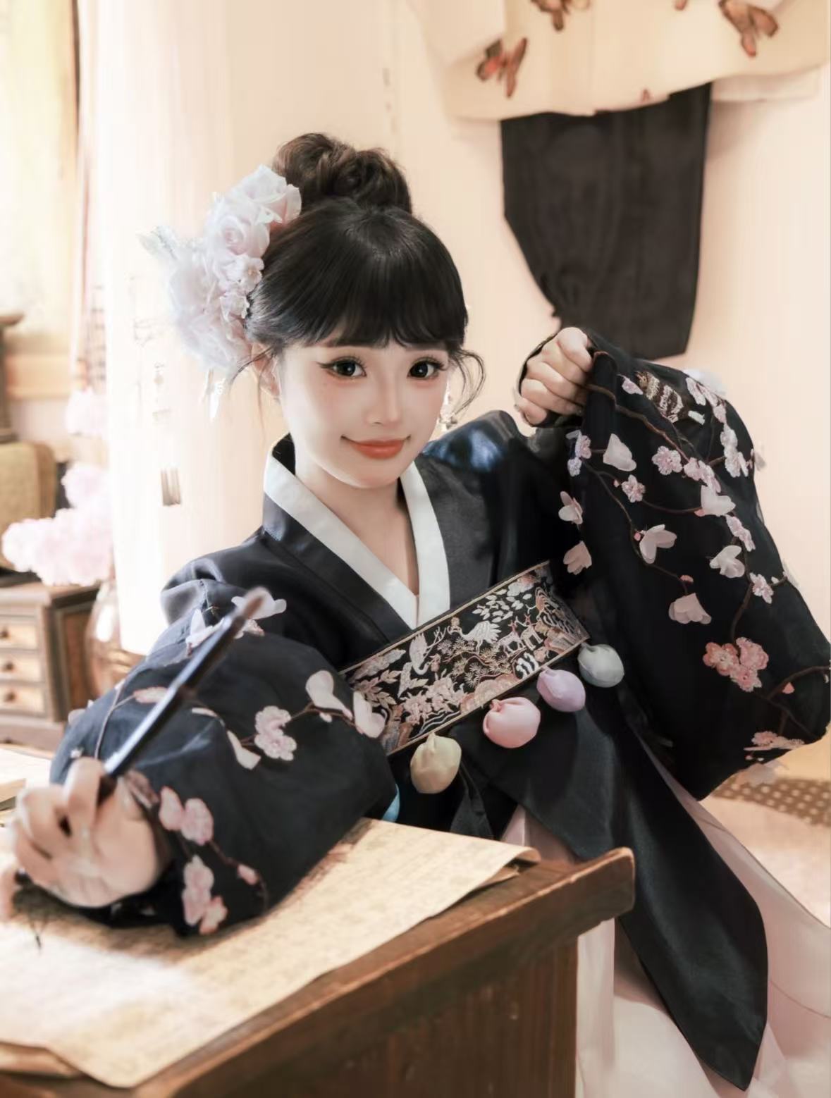 Black & Pink Hanbok with Floral Patterns
