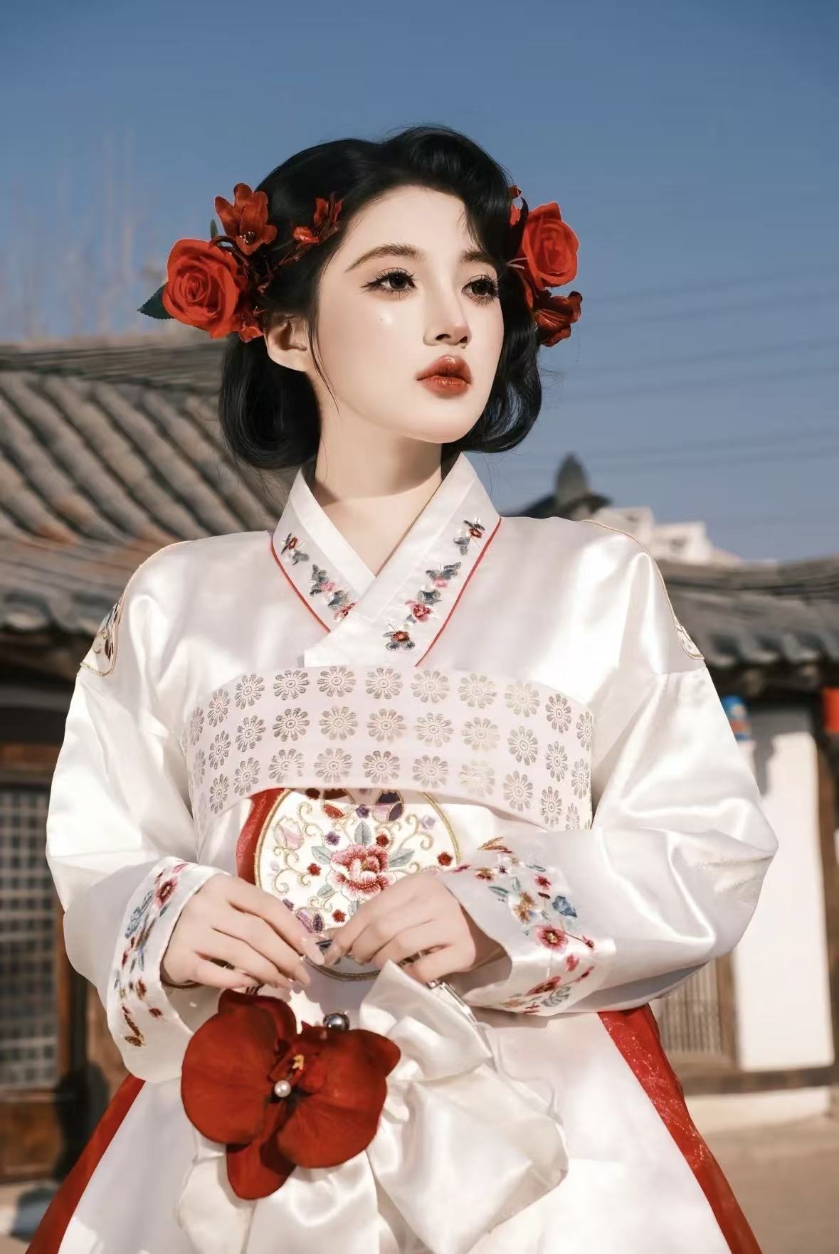 Korean traditional red hanbok floral embroidery dress one size