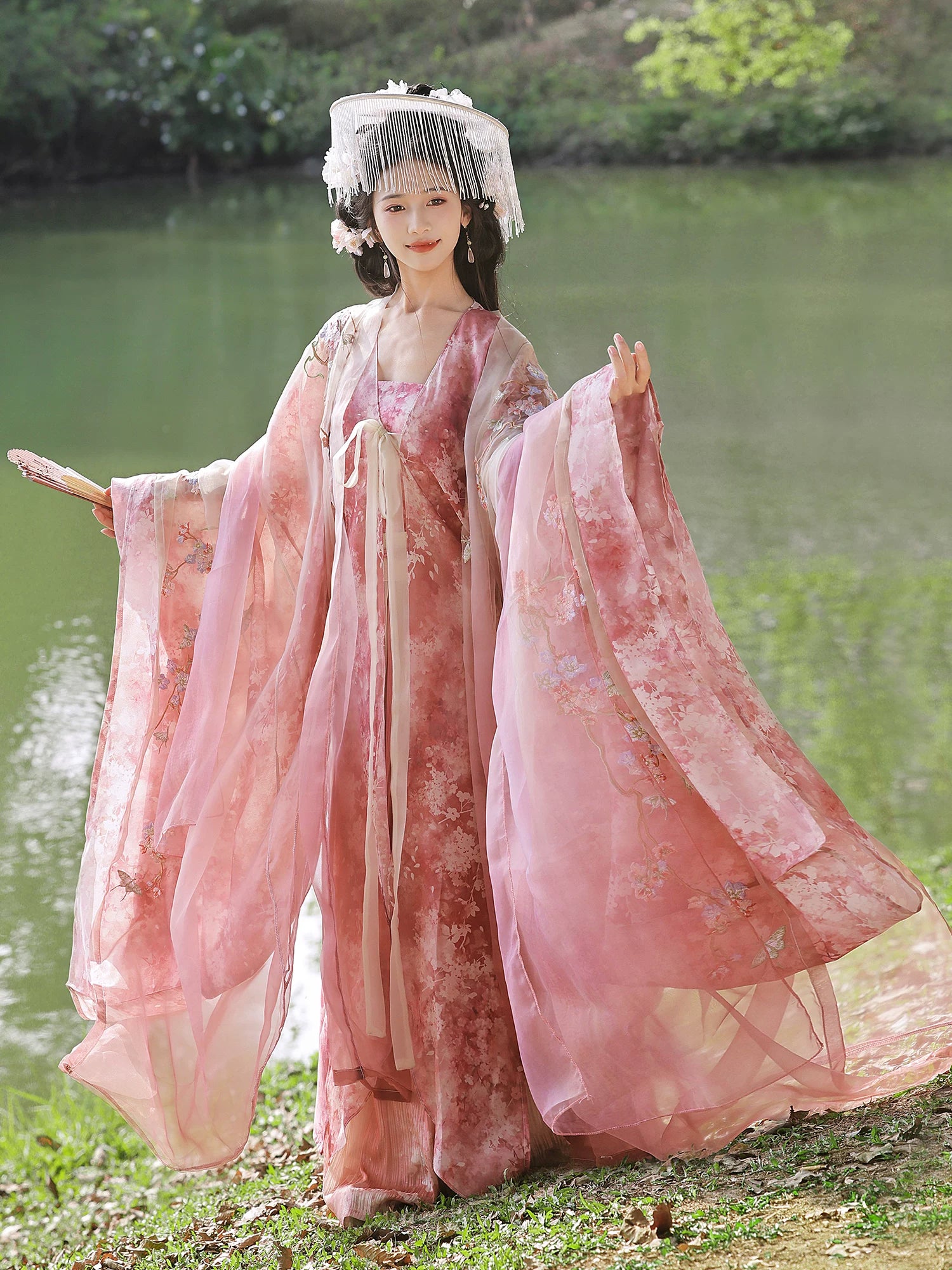  Large sleeve suspender hanfu set jade art moon cutting cherry heavy industry embroidery spring summer fairy girl