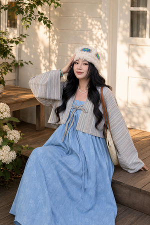  Light blue fringe shoulder modern hanfu slip maxi dress with knit cardigan casual lazy style for women back view