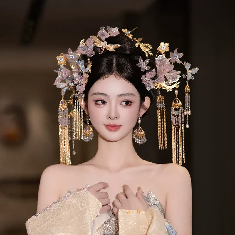 Light toned floral hairpin set chinese bridal headpiece for hanfu and qipao wedding wear back view