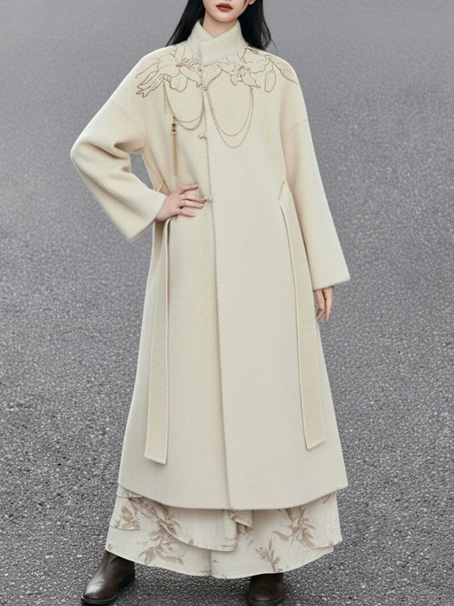 Lily whisper everyday elegance coat white long ivory embroidered warm high neck outerwear for women fabric and embroidery detail