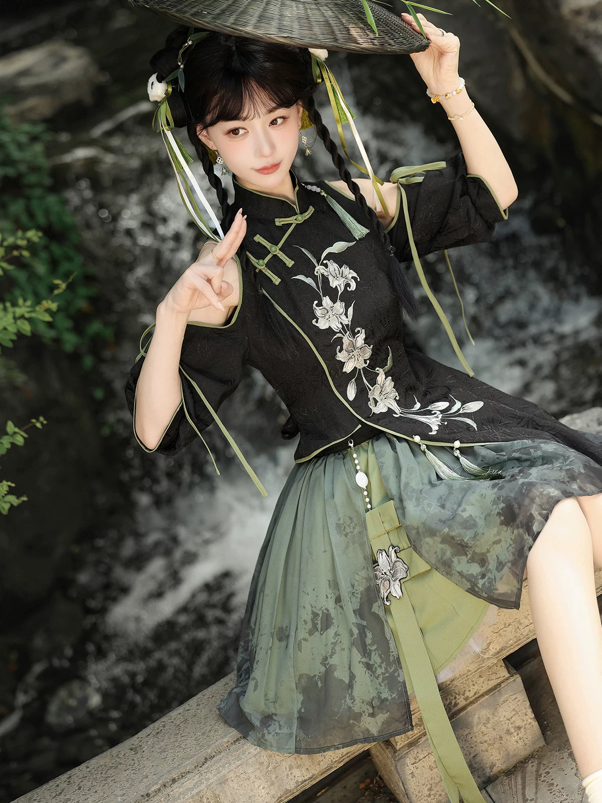Lolita hanfu set dark green plum blossom embroidered top and tulle puff skirt with tassel belt gothic vintage for women front view