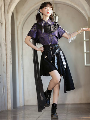  Lolita hanfu set dark purple top and black pu asymmetric skirt with sheer ribbon gothic streetwear style for women front view