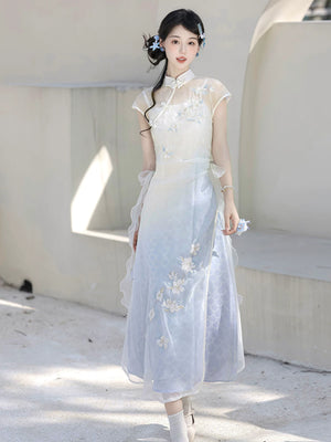  Lolita qipao white blue gradient sleeveless midi dress with 3d floral petal detail and mandarin collar fairy style for women front view