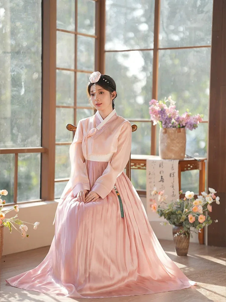 Pink Hanbok Dress - Lotus Root | Elegant Korean Wear Lotus Root Pink (top + suspender skirt + jade pendant) / M Pink Hanbok Dress - Lotus Root | Elegant Korean Wear Lotus Root Pink (top + suspender skirt + jade pendant) / M