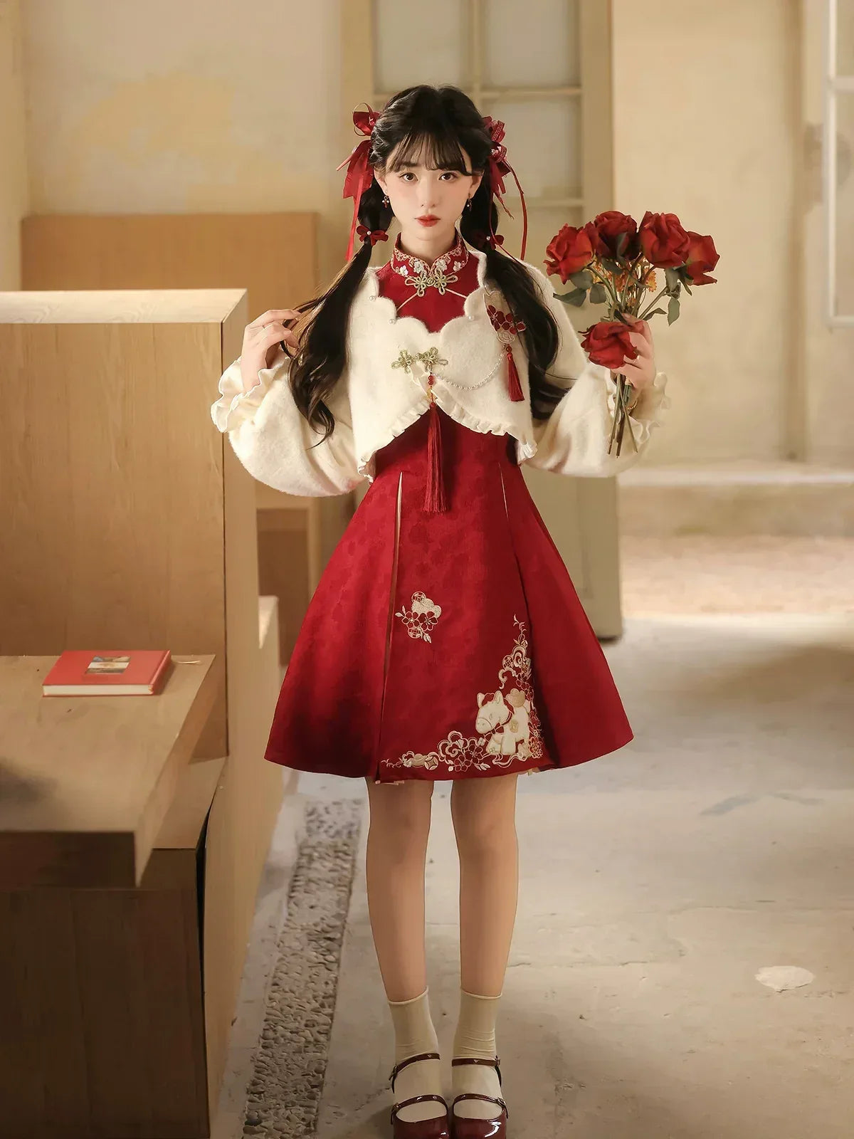 Lucky pony red new year qipao modern chinese festive hanfu set for autumn winter family gatherings fabric and embroidery detail