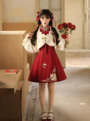 Lucky pony red new year qipao modern chinese festive hanfu set for autumn winter family gatherings fabric and embroidery detail