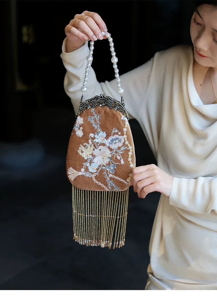 Luxury brown velvet evening clutch hand embroidered elegant fringe qipao inspired bag full length view