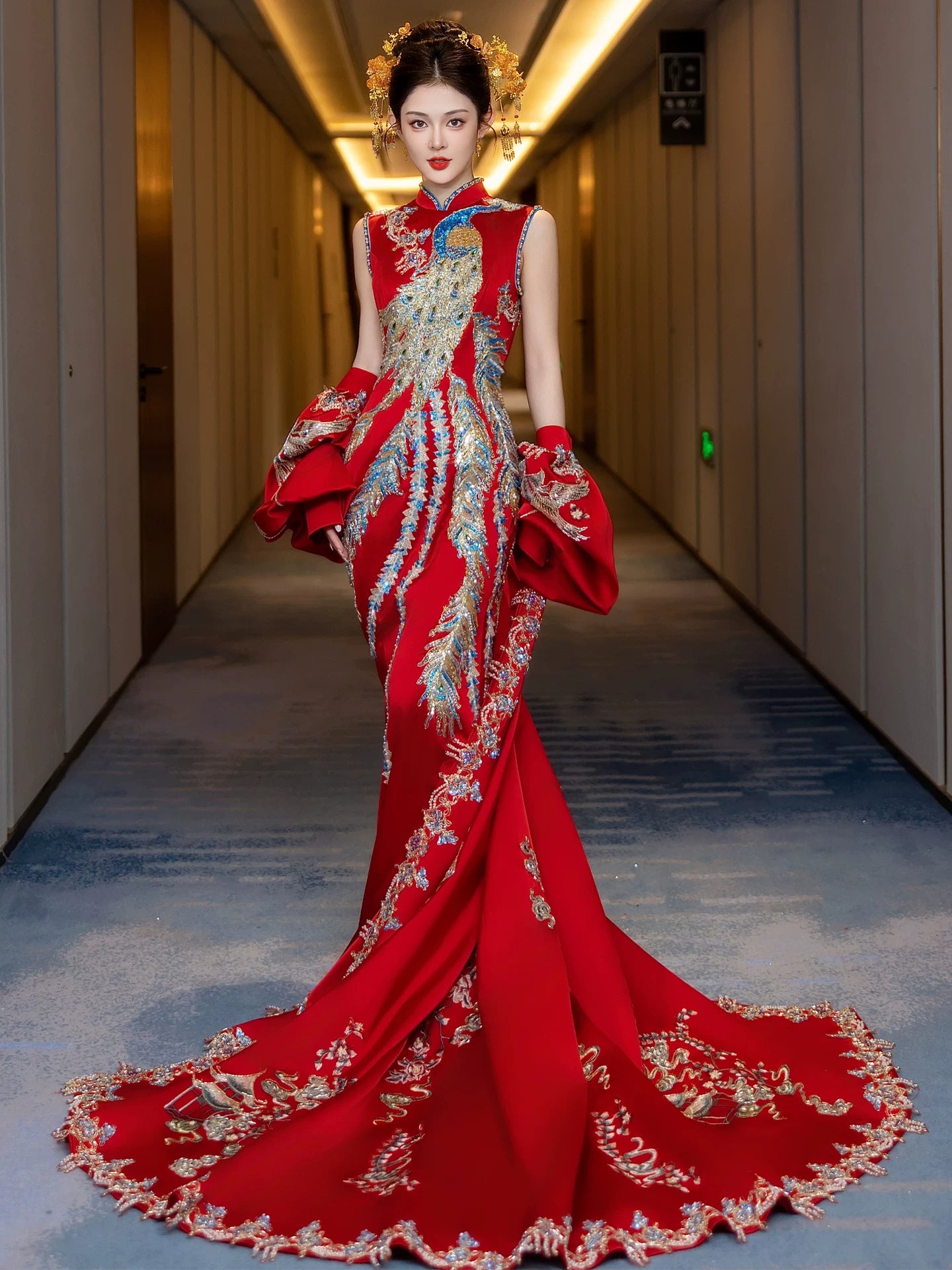 Luxury high end toasting dress thin engagement bridal cheongsam trailing xiuhe clothes slim dragon and phoenix return door gown back view