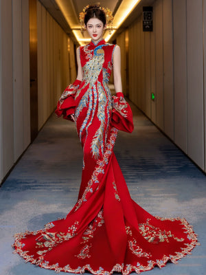 Luxury high end toasting dress thin engagement bridal cheongsam trailing xiuhe clothes slim dragon and phoenix return door gown back view