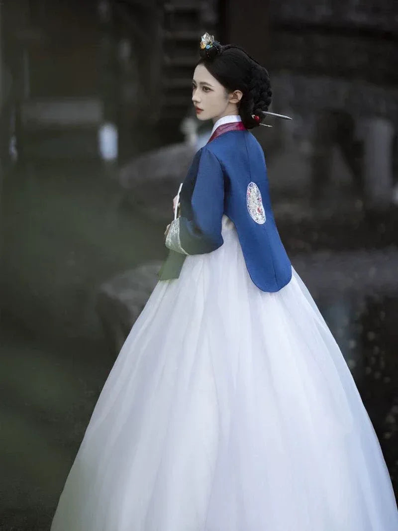 Blue&White Princess Hanbok Palace Dress  Luxury Korean Traditional G Hanbok (free skirt support) / one size fits all(suit for weight below 75kg)