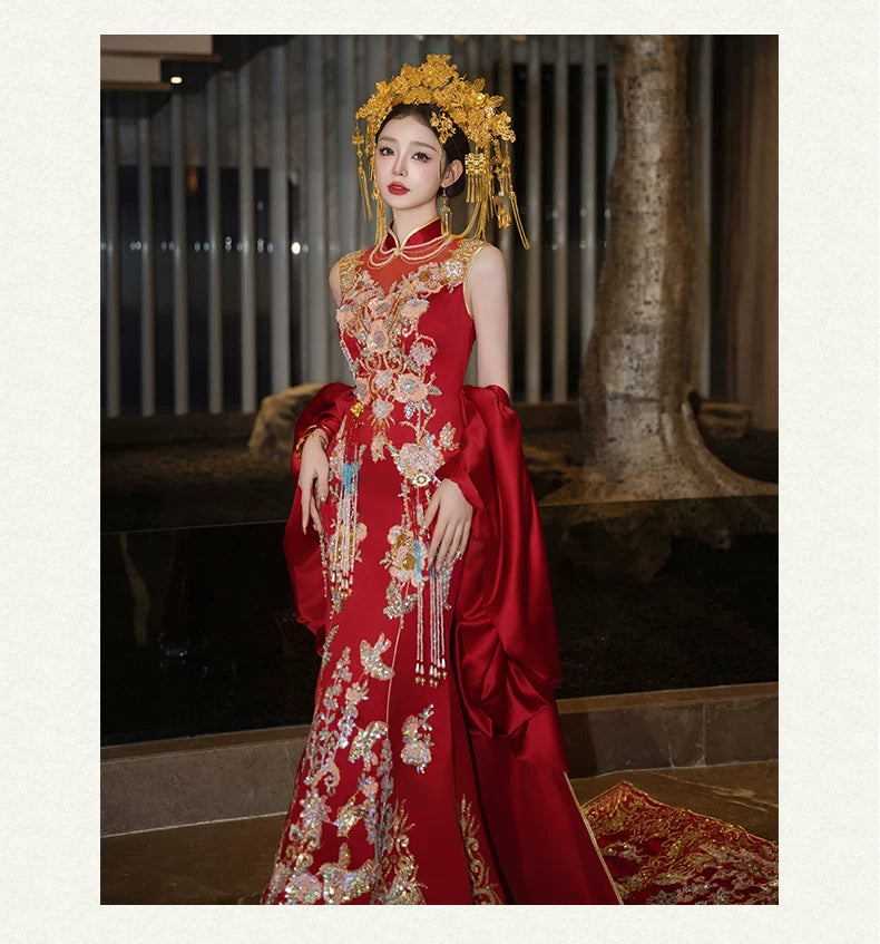 Luxury trailing cheongsam bridal set wedding shawl engagement dress and dinner gown for bride back view