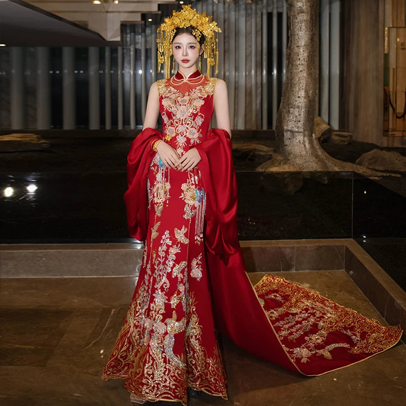 Luxury trailing cheongsam show clothes bridal wedding shawl engagement dress dinner dress for bride front view